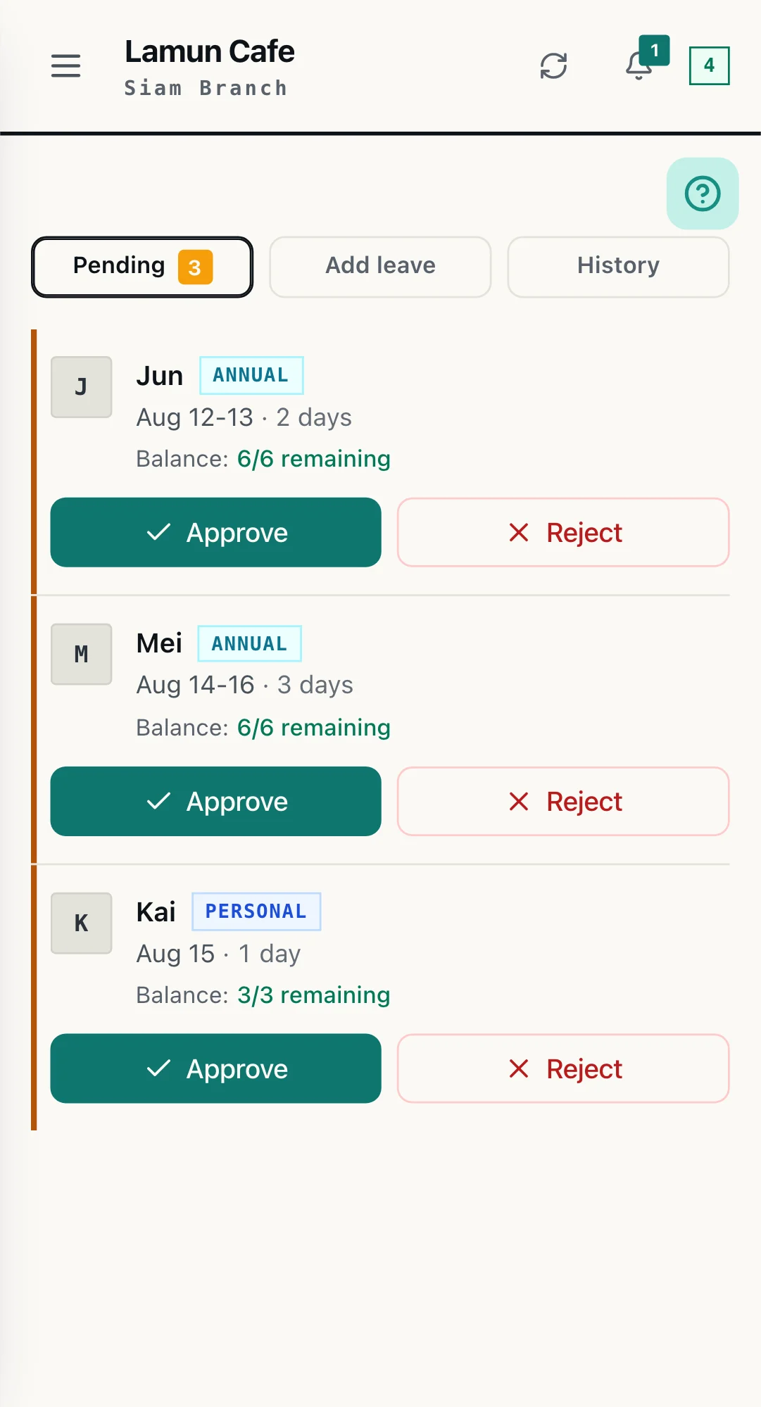 Three pending leave requests in WorkCo, each with leave type, dates, remaining balance and Approve or Reject