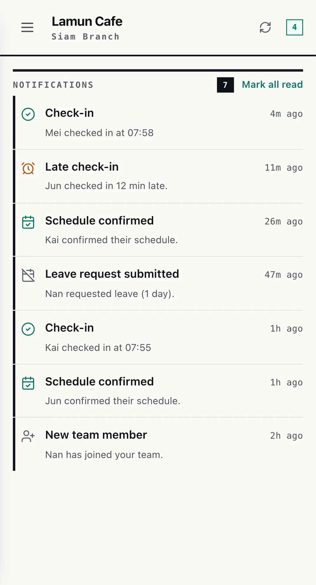 The WorkCo notification centre: check-ins, a late check-in, schedule confirmations and a leave request